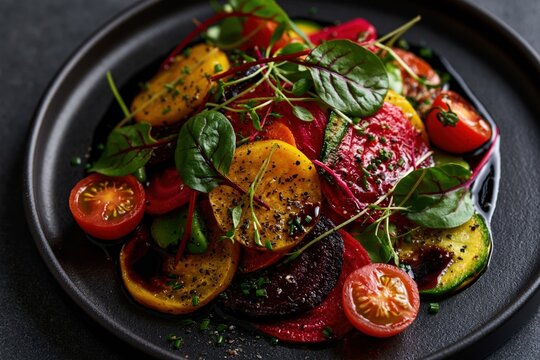 Gourmet beet carpaccio salad with fresh vegetables and dressing