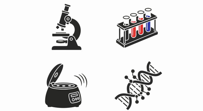 Scientific research icons microscope, test tubes, centrifuge, and DNA helix