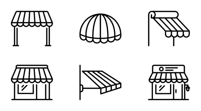 Store Awnings Vector Icons Set, Shop Canopy & Facade Shades Collection