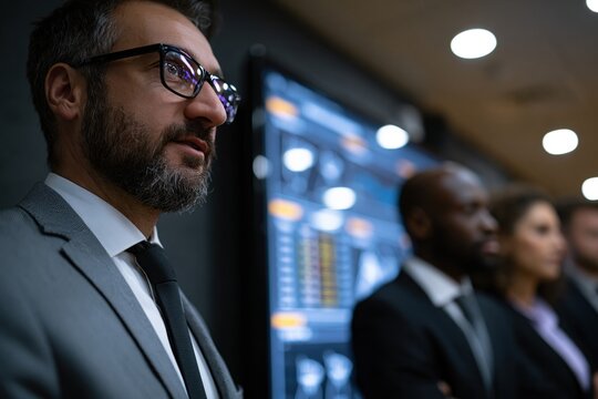 Business professionals analyzing data in a corporate meeting