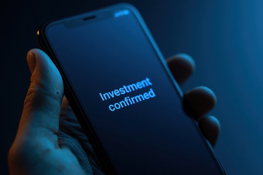 Hand holding smartphone showing investment confirmed message