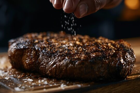 Hand salting grilled beef steak on wooden board