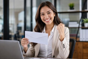 Obraz premium Young asian woman celebrating with a letter in her hand at her office desk