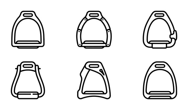 Horse Stirrup Icons, Equestrian Equipment Vector Set, Riding Gear Collection, Black and White Line Art