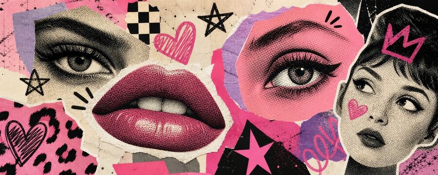 Vibrant collage of a woman's face with bold makeup and eclectic patterns