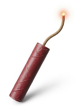 Red Dynamite Stick with Burning Fuse Isolated on White Background - Concept of Danger, Risk, and Imminent Explosion
