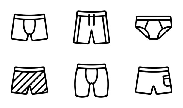Underwear Icons Set, Men's Briefs and Boxer Shorts Collection, Simple Line Art Apparel Graphics