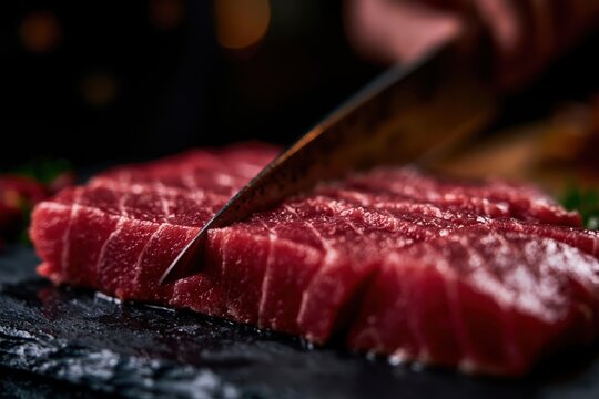 Hand slicing fresh raw tuna for sashimi preparation