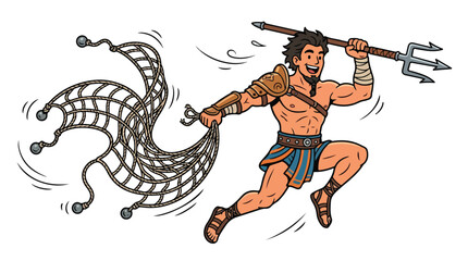 Fototapeta premium Mythical creature resembling a humanoid with a fish tail and trident, depicted in a dynamic pose in a fantasy