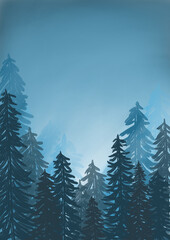 Fototapeta premium Misty blue foggy pine forest landscape background illustration