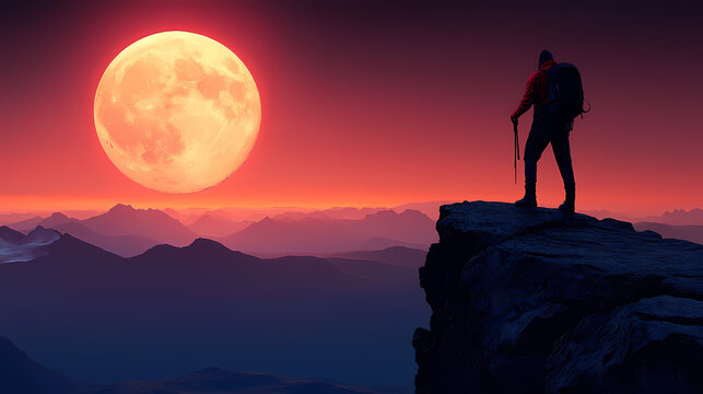 Adventurous Climber Gazes at Blood Moon Over Mountain Peaks