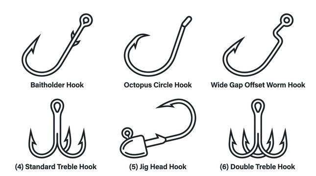 Fishing Hooks Assortment: Baitholder, Circle, Offset Worm, Treble, Jig Head