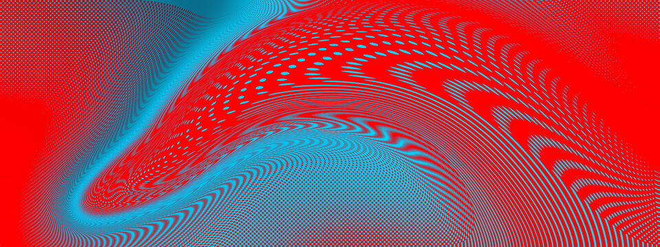 Distorted halftone wave background with vibrant red and cyan blue flowing pattern design.