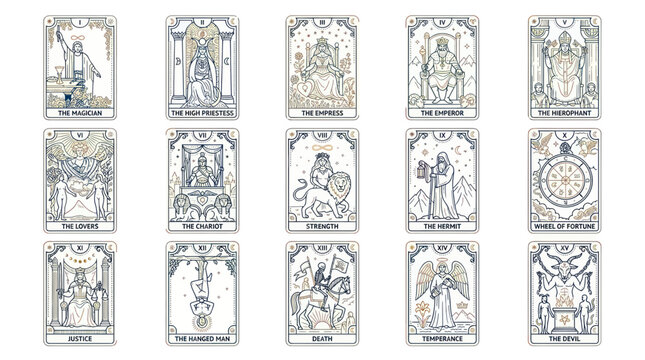 Esoteric Tarot Cards Oracle Deck, Mystical Divination Symbols, Vintage Line Art Illustration