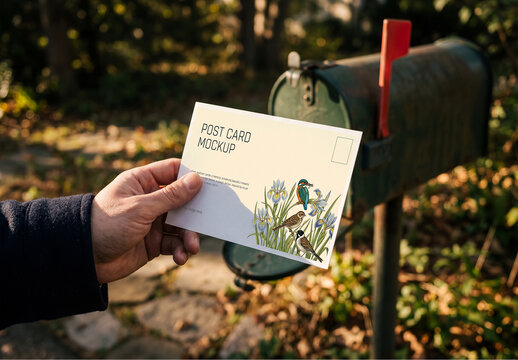 Hand Holding Postcard Presentation Mockup with Mailbox