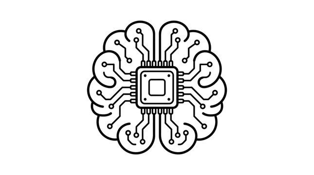 Circular brain pattern with central computer processor chip icon