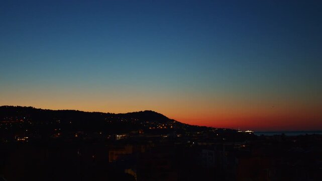 4K French Riviera Nice beautiful dawn over Nice with cruise ship arriving and pan slow motion