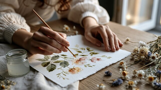 World Watercolor Month: Young woman's hands painting delicate botanical watercolor illustration on cold-pressed Fabriano paper, translucent washes of sage green and dusty rose