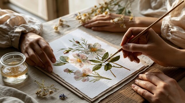 World Watercolor Month: Young woman's hands painting delicate botanical watercolor illustration on cold-pressed Fabriano paper, translucent washes of sage green and dusty rose