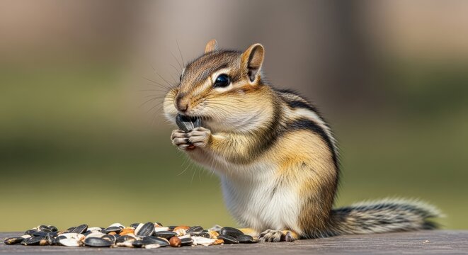 A small striped chipmunk with full cheeks eating a pile of seeds outdoors