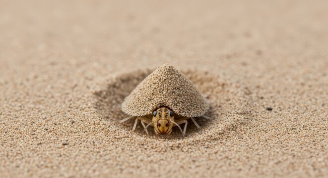 Antlion Larva Crafts Sand Cone Trap in Desert Ground for Hunting Prey