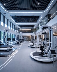 Obraz premium Modern robotic rehabilitation gym featuring intelligent therapy stations, automated recovery systems and advanced patient care technology