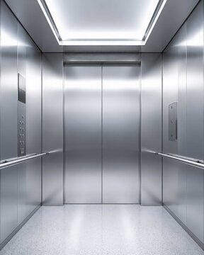 Minimalist medical facility elevator with brushed metal walls, bright ceiling lighting and contemporary healthcare architecture