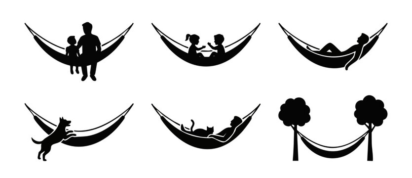 Hammock silhouette icon vector people relaxing, kids, and pets resting outdoors, including family, dog, cat, and empty swing between trees for summer leisure, travel, and health in garden backyard set