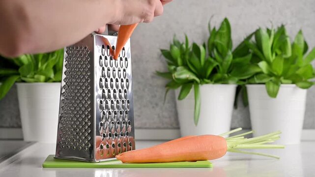 Woman hands grate fresh carrot on kitchen grater on table against background of green plants. Healthy nutrition concept emphasizes carrot preparation, natural produce, wholesome ingredients, home