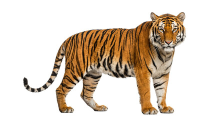 Fototapeta premium Majestic tiger with striking orange and black stripes stands confidently against a clean white background