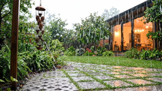Rainfall in a lush garden with decorative wind chimes swaying gently, showcasing vibrant greenery and a cozy home interior illuminated through large windows