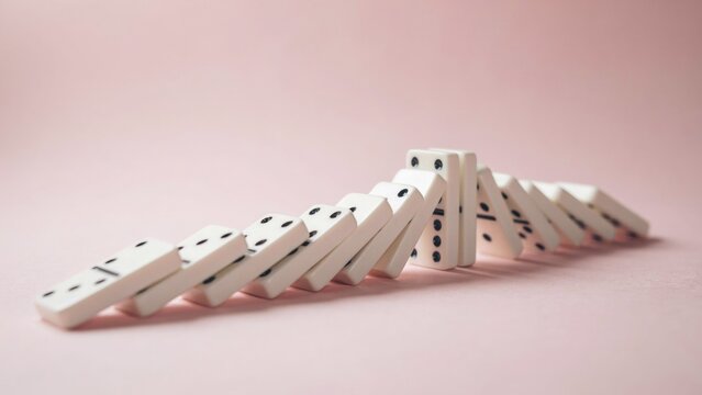 Falling domino tiles on a pastel background. Concept of chain reaction, cause and effect, risk management, business strategy, consequences and problem solving.