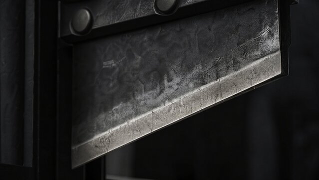 Close-up of a guillotine blade with a sharp edge in a dark industrial setting.