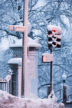 Traffic Light on Beacon Street on Boston Common in winter