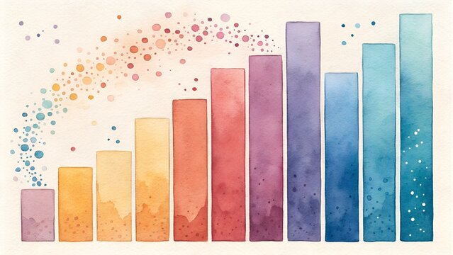 Watercolor bar chart illustration showing data growth and market trends, creative financial infographic with rainbow gradient bars and paint splashes