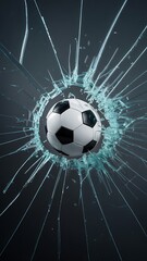 Fototapeta premium A soccer ball smashes through a shattered glass window with sharp fragments flying everywhere