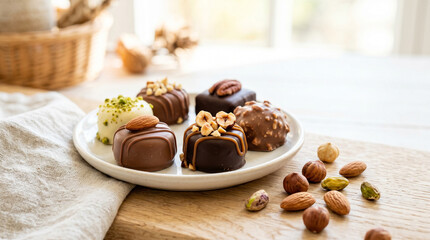 Fototapeta premium Chocolate pralines with nuts arranged on a plate in natural light 