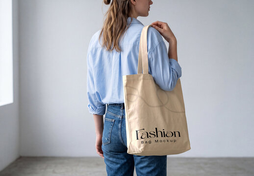 Canvas Tote Bag Mockup with Female Model