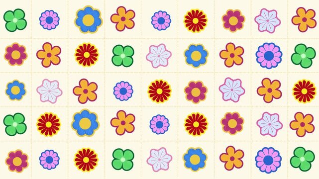 4k footage animation of Cute Retro 90s Flower Animation, Colorful Pop Art Floral Background on Grid. Seamless Loop Motion Graphic of Colorful Flat Flower Pattern, Cute Floral Texture Screen Background