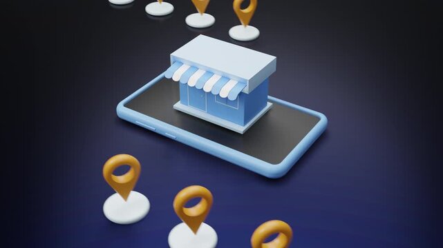 3d animation of shopping store on a mobile smartphone and video motion location marker, E-commerce, Delivery service on mobile application. GPS navigation and store locations concept. 3d animation