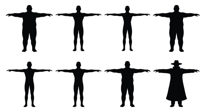 Set of human silhouettes in tpose with different body types and clothing