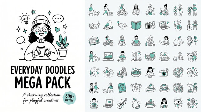 Everyday doodles mega pack with cute characters daily lifestyle activities walking pets cycling cooking reading books working on laptop and cute animal vector illustrations