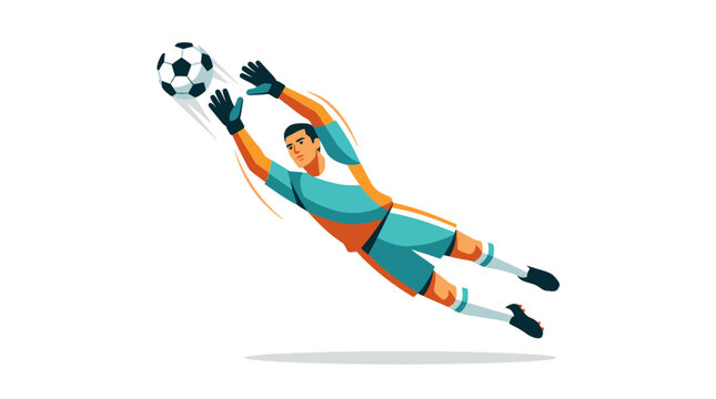A soccer player in mid-air diving to catch a ball with both hands stretched out in a stadium.