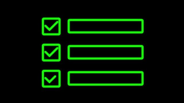 checklist with checkmarks in square boxes on green background. checklist interface with three completed items, indicated. Perfect for to-do lists, goals, workflow, and success presentations or apps