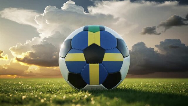 Soccer ball with sweden flag pattern on grass under sunset sky. 4K Video