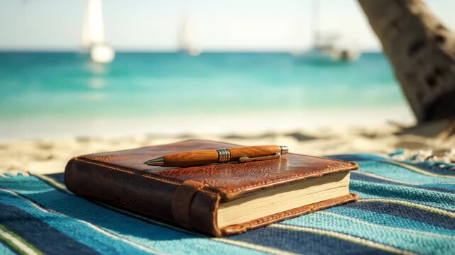 A brown leather-bound journal with a wooden and brass pen rests on its cover