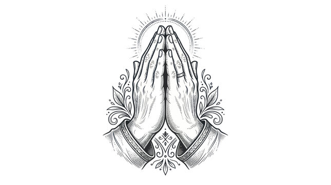 Praying Hands with Radiant Halo and Floral Ornaments