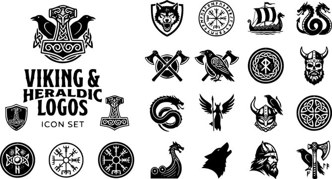 Viking Heraldic Logo Icon Set Wolf Head Thor Hammer Rune Circle Longship Norse Dragon Crossed Axe Odin Raven Shield Knot Mjolnir Warrior Skull Valkyrie 20 Icons Grunge Stipple Flat Vector