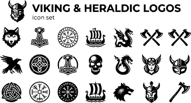 Viking Heraldic Logo Icon Set Wolf Head Thor Hammer Rune Circle Longship Norse Dragon Crossed Axe Odin Raven Shield Knot Mjolnir Warrior Skull Valkyrie 20 Icons Grunge Stipple Flat Vector