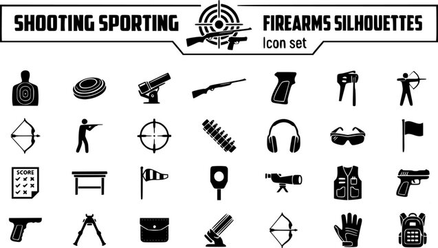Shooting Sporting Firearms Silhouette Icon Set Target Clay Pigeon Skeet Rifle Pistol Archery Shooting Stance Scope Ear Protection Safety Glasses Range Flag Score Card 25 Icons Editable Strokes Flat